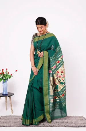 Bottle Green Pure Cotton Paithani Saree with Peacock & Floral Pallu – Handloom Special