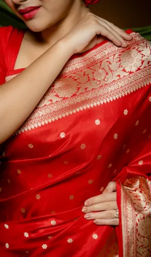 Red Handloom Pure Silk Banarasi Saree with Intricate Zari Work