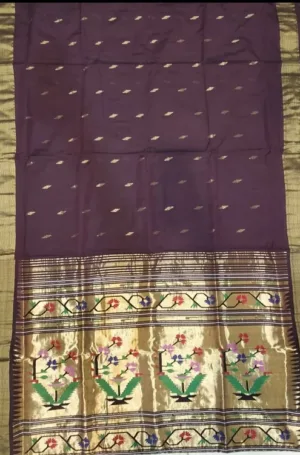 Handloom Pure Cotton Paithani Saree – Wine Purple with Golden Zari & Floral Pallu