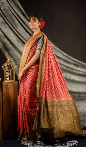 Red & Gold Handwoven Pure Georgette Banarasi Saree
