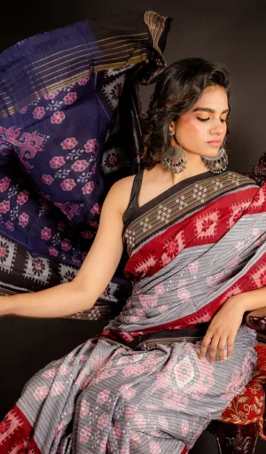 Grey & Maroon Odisha Ikat Cotton Saree – Traditional Handloom Weave | Shashikala Sarees