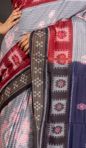 Grey & Maroon Odisha Ikat Cotton Saree – Traditional Handloom Weave | Shashikala Sarees