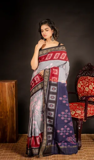 Grey & Maroon Odisha Ikat Cotton Saree – Traditional Handloom Weave | Shashikala Sarees