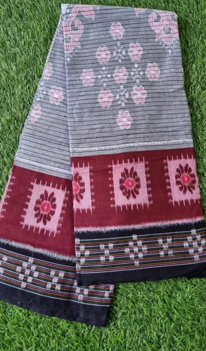 Grey & Maroon Odisha Ikat Cotton Saree – Traditional Handloom Weave | Shashikala Sarees