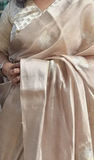 Beige Handloom Pure Silk Chanderi Saree with Subtle Golden Zari Motifs & Border – Elegant Traditional Wear