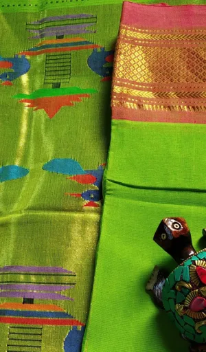 mugdha handloom parrot green cotton beautiful paithani
