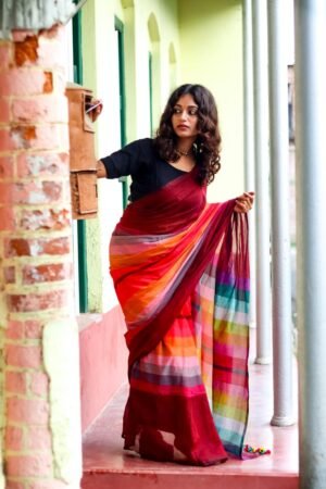 Handwoven mul cotton saree with multicoloured stripes
