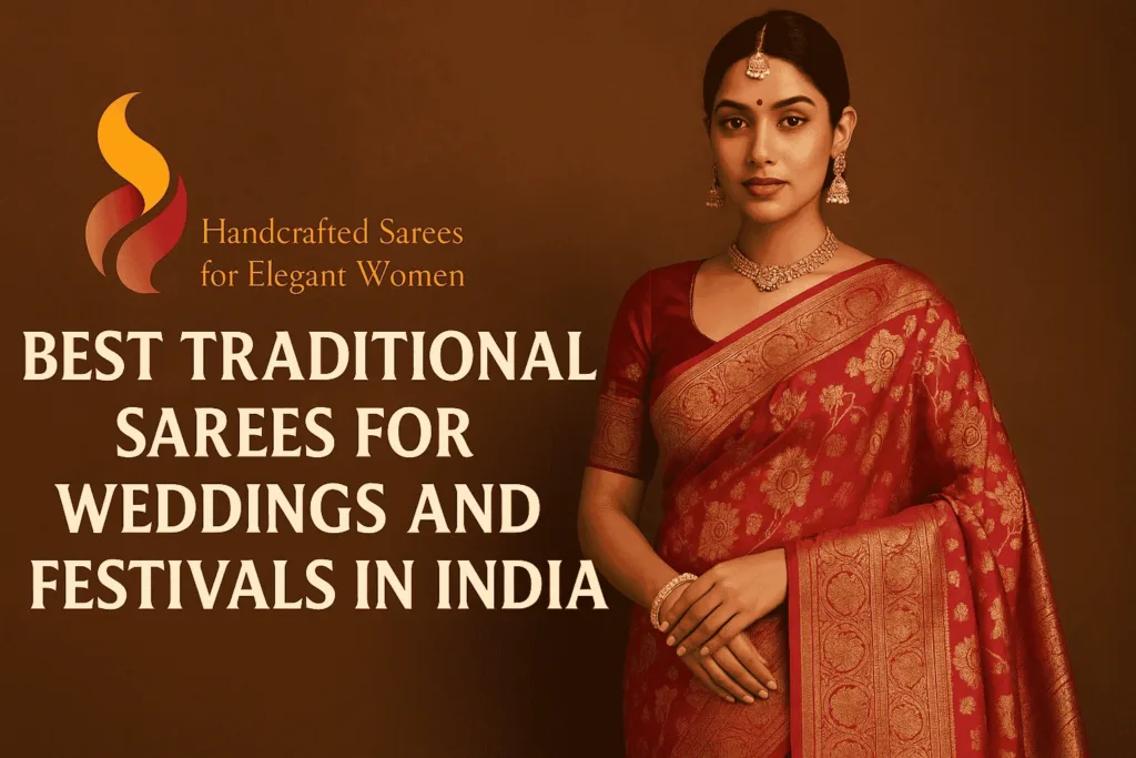 A promotional featured image showing an elegant Indian woman wearing a rich red embroidered traditional saree with gold jewelry, standing against a warm brown background. The design includes a vibrant logo and bold headline text that reads “Best Traditional Sarees for Weddings and Festivals in India,” highlighting classic Indian wedding and festive fashion.