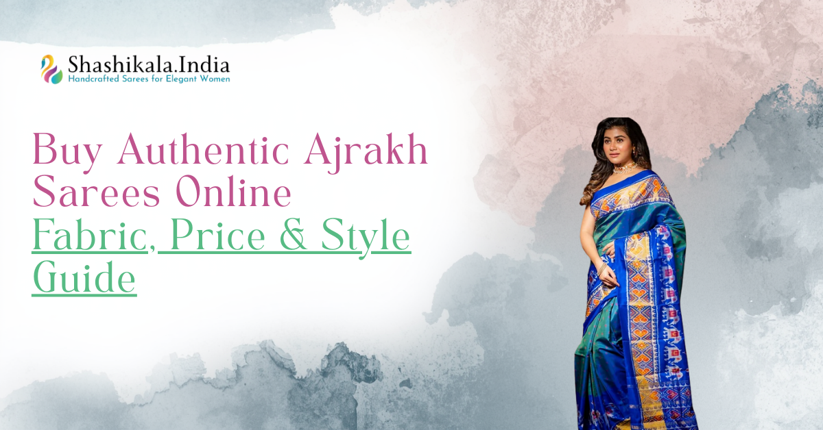 Woman wearing a blue and gold Ajrakh saree, showcasing intricate patterns and traditional design elements.