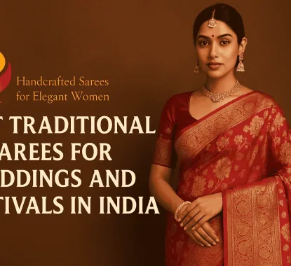 A promotional featured image showing an elegant Indian woman wearing a rich red embroidered traditional saree with gold jewelry, standing against a warm brown background. The design includes a vibrant logo and bold headline text that reads “Best Traditional Sarees for Weddings and Festivals in India,” highlighting classic Indian wedding and festive fashion.